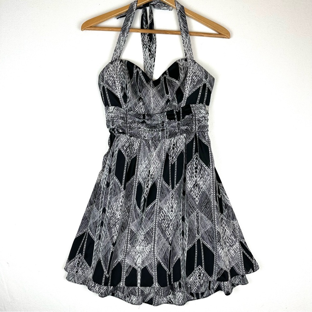 Guess Black & White Patterned Halter Mini Dress